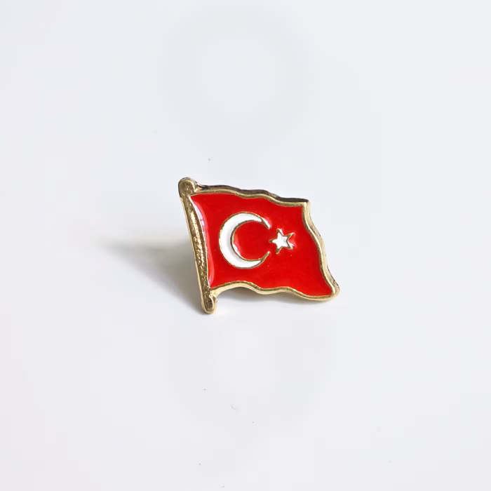 Türk Bayrağı Yaka Rozeti Dalgalı Gold Metal